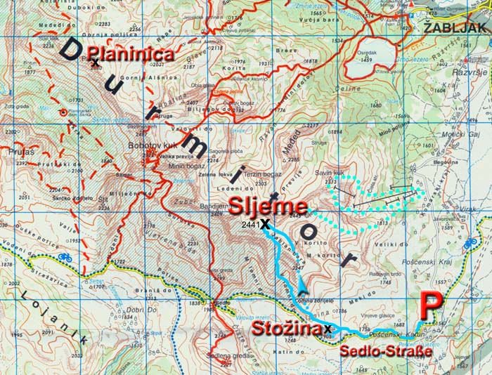 Karte; die gepunkteten helleren Routen sind drei aus einer Handvoll, die am Durmitor bereits befahren werden