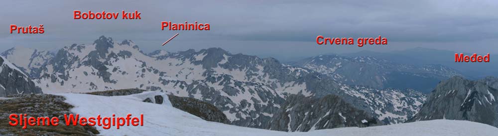 das Gipfelpanorama nach N; der Bobotov kuk ist der höchste Gipfel des Durmitor, die Planinica findet sich im Archiv Schitouren