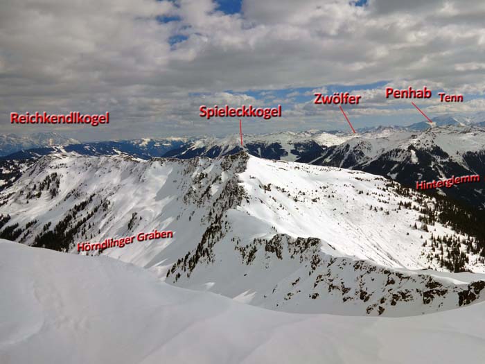 im Uhrzeigersinn folgen die Berge in Richtung Saalbach ...