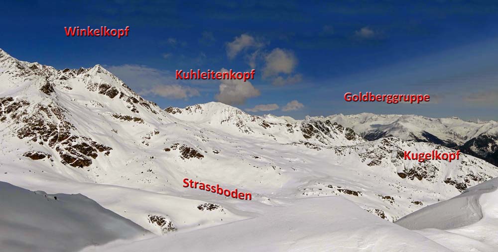 in nordöstlicher Richtung der eher sanfte Auslauf der sonst so wilden Schobergruppe mit einer Folge von herrlichen Schiböden, auf denen man meist allein ist; auch an den unscheinbaren Kugelkopf erinnern wir uns gerne (Frühwinterbesteigung zu Fuß s. Archiv Bergsteigen)