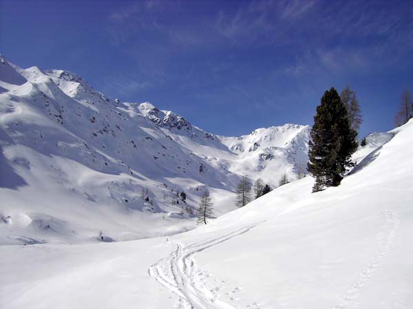 ... angesichts dieses Tourenparadieses; im SW Kreuzeck und Schwarzriesenkopf (rechts)