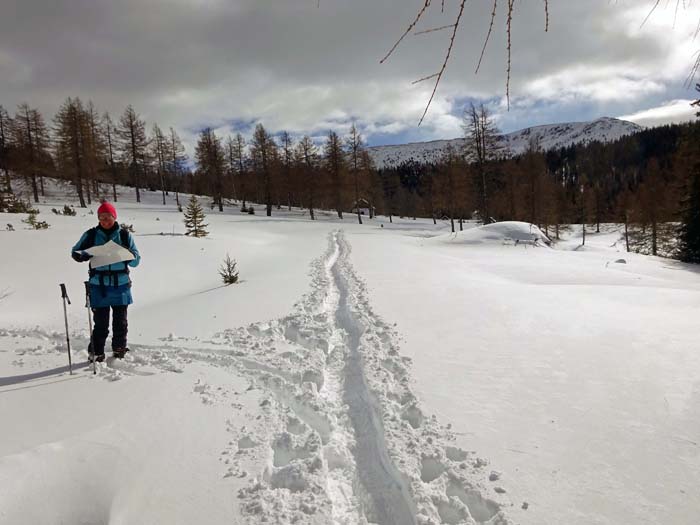 letztes Kartenstudium im Bereich der Bonner Hütte, im Hintergrund der Rote Riegel; die tiefe Spur stammt von einer neunköpfigen Schneeschuhgehergruppe auf dem Nockberge-Trail, der in vier Tagesetappen vom Katschberg nach Radenthein führt