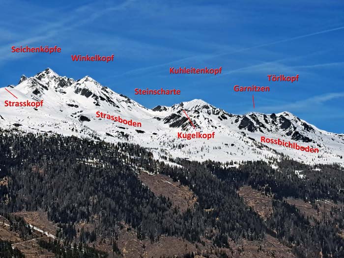 der sanfte Auslauf der südöstlichen Schobergruppe überm Iselsberg; hinter den beiden sichtbaren Böden versteckt sich noch ein dritter zwischen dem Klettergrat der Garnitzen und unserem Törlkopf - ...