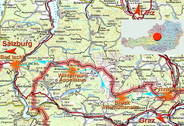 Übersicht: unsere Wegführung vom Pyhrnpass nach Bad Ischl ...