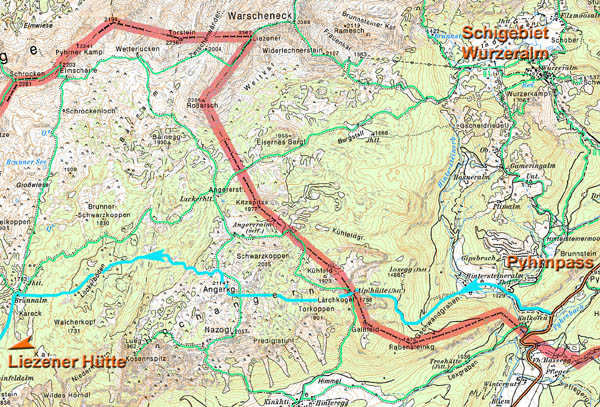 Karte: die erste Teilstrecke des 1. Tages bis zur Brunnalm