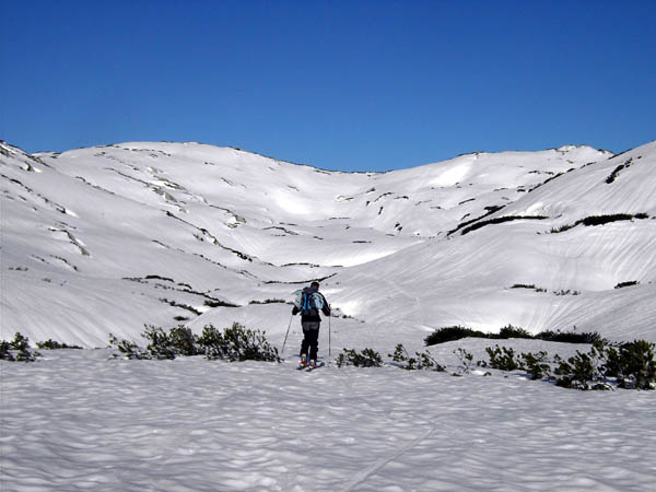 gemütliche Schiwanderung durch ein sanftes Hochtal gegen den flachen Sattel zwischen Hohem Augsteck (links) und Rauchfang