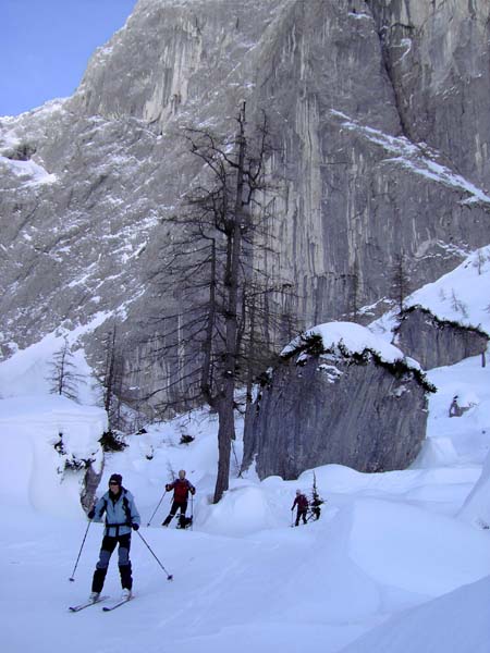 hausgroße Felsblöcke am Fuß der Traweng Nordwand markieren den Beginn des Geisterwaldes