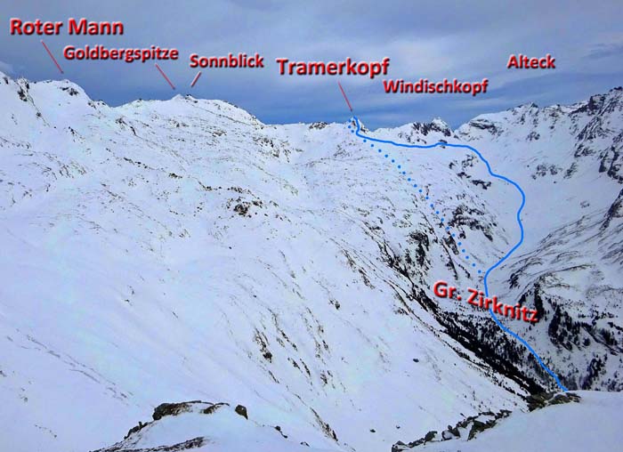 die herrlichen Schiberge über dem Gr. Zirknitztal (von SW, Stanziwurten) mit der Route auf den Tramerkopf; gepunktet die steilere Direktvariante über die Südrampe (bis 45°)