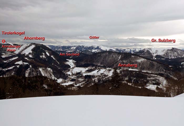 Blick nach SO über die Türnitzer zu den Mürzsteger Alpen; der Gr. Sulzberg ist der höchste Gipfel der Türnitzer Alpen, gefolgt von Tirolerkogel ...