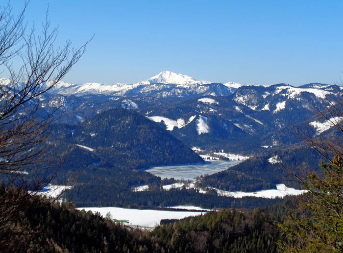 ... auf den Nordgipfel der Bürgeralpe; Blick gegen Westen auf Erlaufsee und Dürrenstein