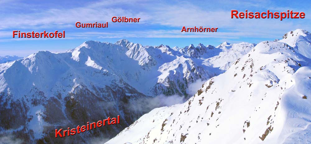 das Gipfelpanorama nach WNW mit den vielen, teils extremen Freeride-lines des langen Kristeinertales (z. B. die Finsterkofel Nordkare, s. Archiv)