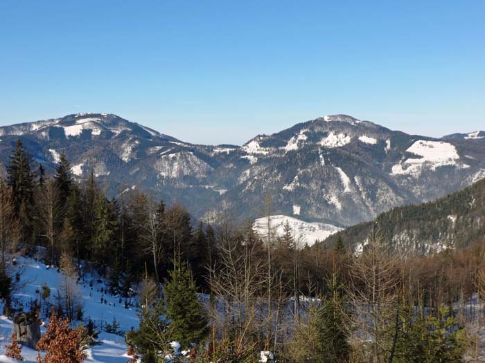 Blick gegen NW auf Reisalpe (links) und Hochstaff, beides beliebte Schiberge (s. Archiv); von rechts kommt der lange Nordkamm des Buchenschopf herauf