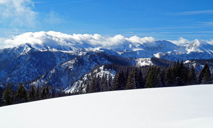 am Zinken - Zeller Staritzen, schon hinter Mariazell - zeigen sich mit dem Hochschwabmassiv die ersten Zweitausender unserer Überschreitung