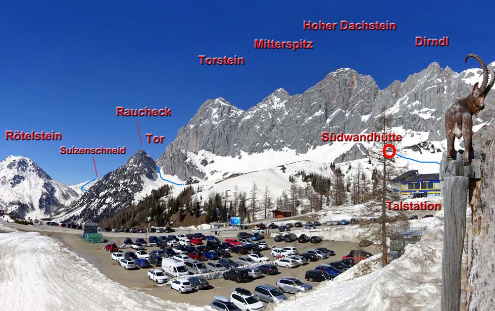 von der Türlwandhütte in Richtung Hofpürglhütte: erst entlang der mächtigen Dachstein-Südwände auf die Sulzenschneid