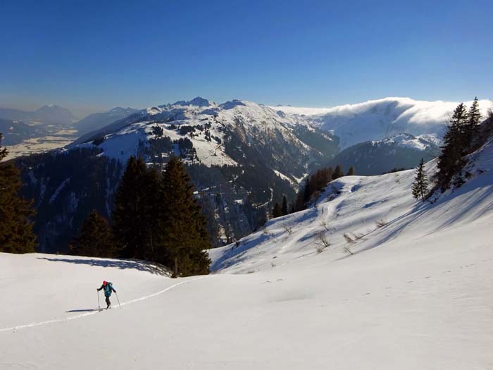 die verschneite Forststraße führt weiter zur  Zollnerseehütte - mit Abfahrt durch den Kronhofgraben im Sommer eine beliebte Mountainbikerunde; wir steigen durch die Ostmulde ... 